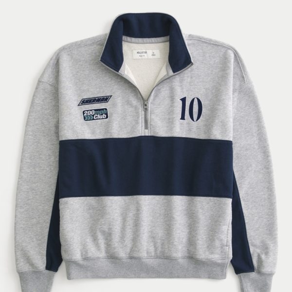 Boxy Terry Racing Graphic Half-Zip Sweatshirt - heather gray and navy