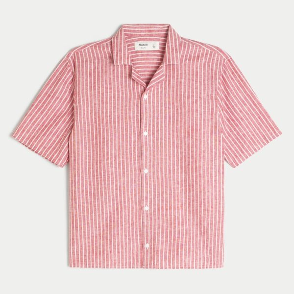 Linen-Blend Short-Sleeve Pattern Shirt - red stripe