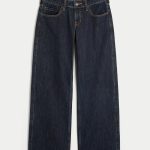 Low-Rise Dark Wash Foldover Waist Baggy Jeans - dark rinse