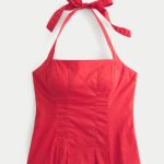 Pleated Open-Back Halter Top - cherry red