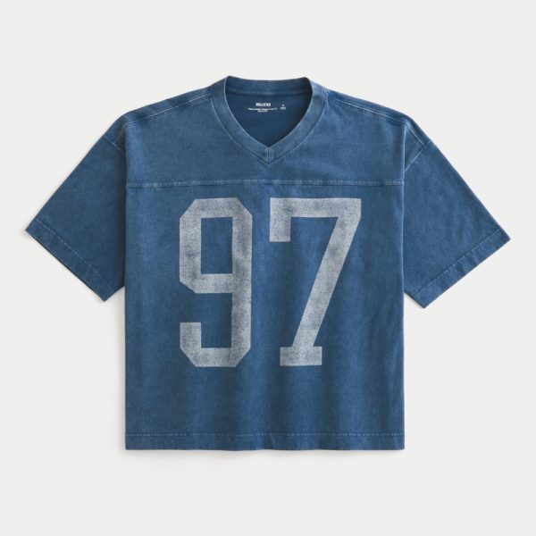 Heavyweight Baggy Crop Varsity Graphic Football Tee - washed navy