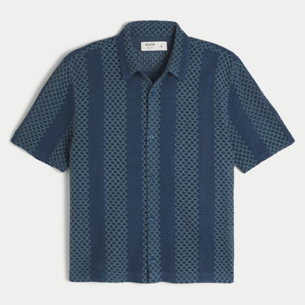 Boxy Short-Sleeve Crochet-Style Shirt - navy stripe