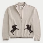 Boxy Zip-Up Western Graphic Sweater - tan