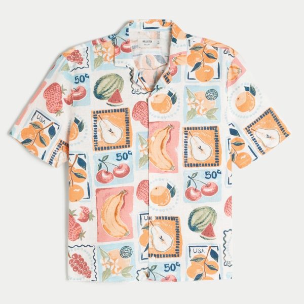 Linen-Blend Short-Sleeve Pattern Shirt - white print