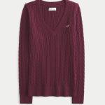 Cable-Knit Icon V-Neck Sweater - mulberry