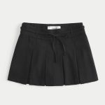 Mid-Rise Pleated Mini Skort - black