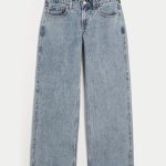 Low-Rise Dark Wash Foldover Waist Baggy Jeans - medium wash
