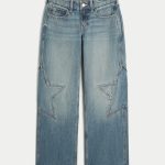 Low-Rise Dark Wash Foldover Waist Baggy Jeans - medium