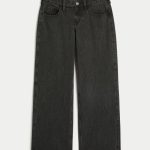 Low-Rise Dark Wash Foldover Waist Baggy Jeans - washed black