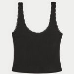 Gilly Hicks Cozy Waffle Lace Trim Tank - black
