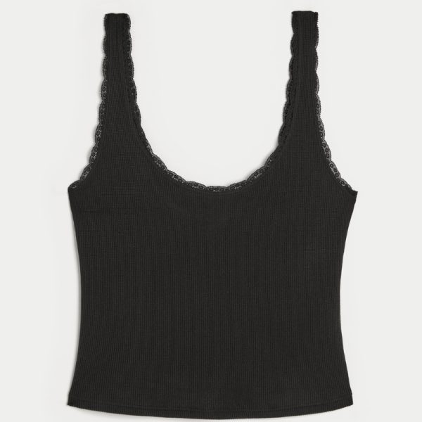 Gilly Hicks Cozy Waffle Lace Trim Tank - black