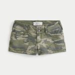Low-Rise Light Wash Denim Shortie Shorts - green camo