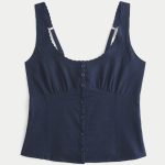 Linen Blend Button-Through Top - navy blue