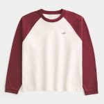 Boxy Crop Long-Sleeve Icon Crew T-Shirt - burgundy and dark cream