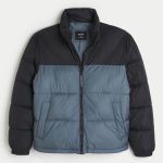 Boxy Mock-Neck Puffer Jacket - black and dark slate