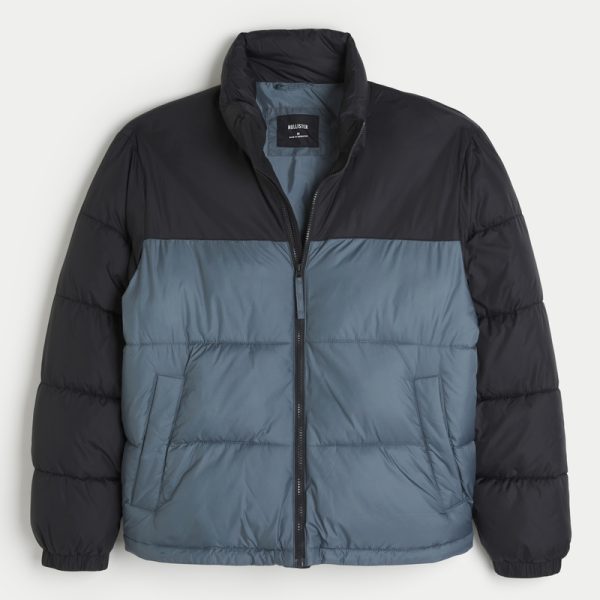 Boxy Mock-Neck Puffer Jacket - black and dark slate