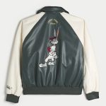 Vegan Leather Looney Tunes Graphic Jacket - dark olive and cream