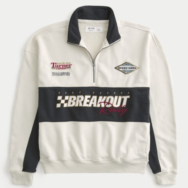 Boxy Terry Racing Graphic Half-Zip Sweatshirt - cream and black