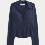 Button-Through Poplin Shirt - navy blue