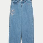 Low-Rise Light Wash Foldover Waist Super Baggy Jeans - medium