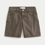Low-Rise Dark Rinse Wash Baggy Jort - light brown