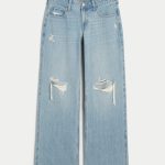 Low-Rise Dark Wash Foldover Waist Baggy Jeans - light destroy