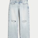 Low-Rise Dark Wash Foldover Waist Baggy Jeans - light ripped