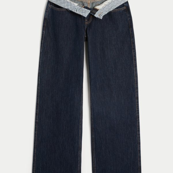 Low-Rise Dark Wash Foldover Waist Baggy Jeans - dark rinse