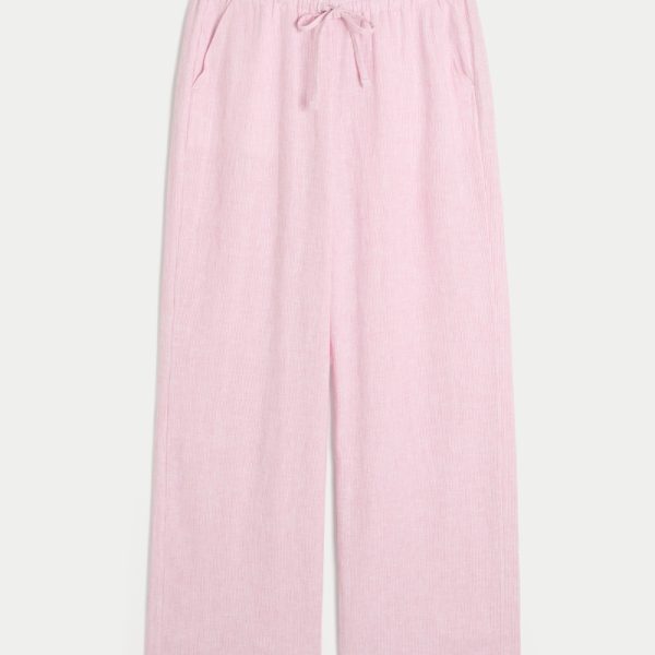 Linen-Blend Baggy Pull-On Pants - light pink stripe
