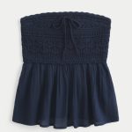 Easy Strapless Crochet Mix Babydoll Top - navy blue