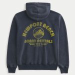 Waffle-Lined Logo Graphic Zip-Up Hoodie - washed navy