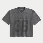 Heavyweight Baggy Crop Varsity Graphic Football Tee - washed black