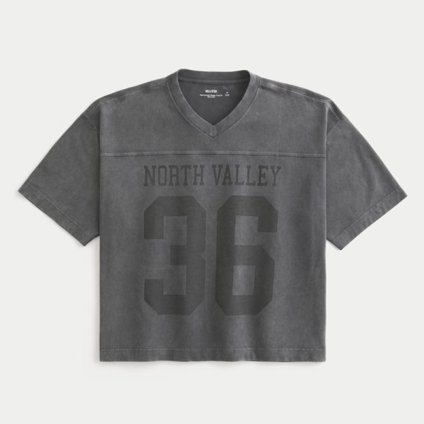 Heavyweight Baggy Crop Varsity Graphic Football Tee - washed black