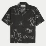 Linen-Blend Short-Sleeve Pattern Shirt - black print