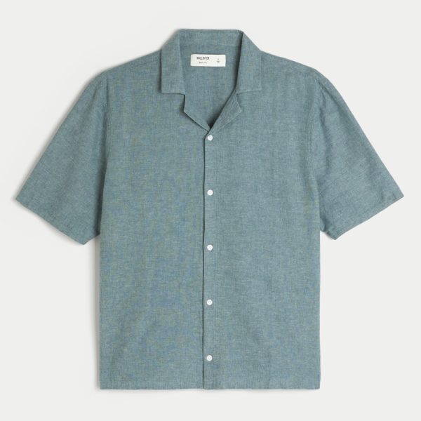 Linen-Blend Short-Sleeve Pattern Shirt - dark heather teal