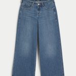 Low-Rise Light Wash Foldover Waist Super Baggy Jeans - dark medium wash