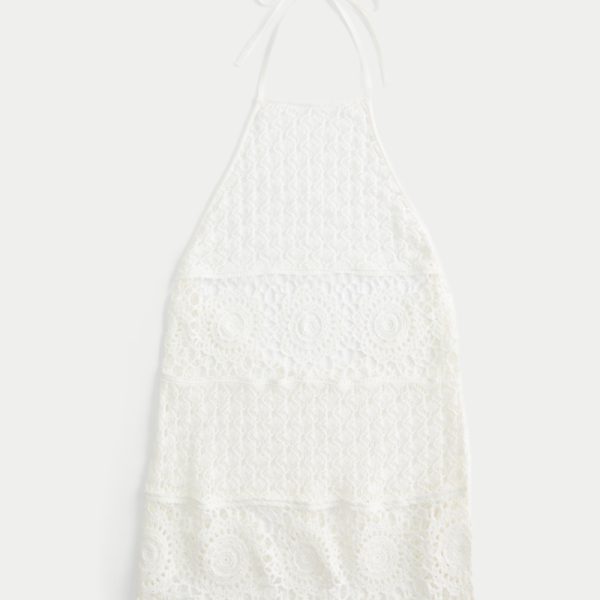 Crochet-Style Halter Cover Up Mini Dress - white