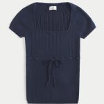 Short-Sleeve Square Neck Sweater - navy blue