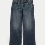 Low-Rise Dark Wash Foldover Waist Baggy Jeans - dark