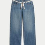 Low-Rise Dark Wash Foldover Waist Baggy Jeans - medium