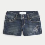 Low-Rise Dark Wash Embroidered Denim Shortie Shorts - dark