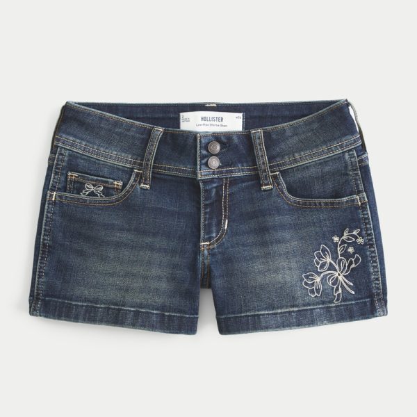 Low-Rise Dark Wash Embroidered Denim Shortie Shorts - dark