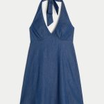 Open Back Halter Mini Dress - dark blue