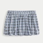 Denim Bubble Mini Skirt - powder blue plaid