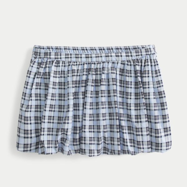 Denim Bubble Mini Skirt - powder blue plaid