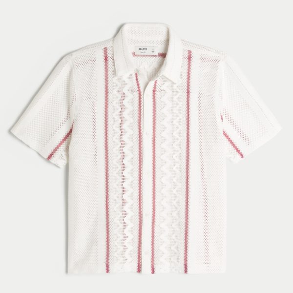 Boxy Short-Sleeve Crochet-Style Shirt - white stripe
