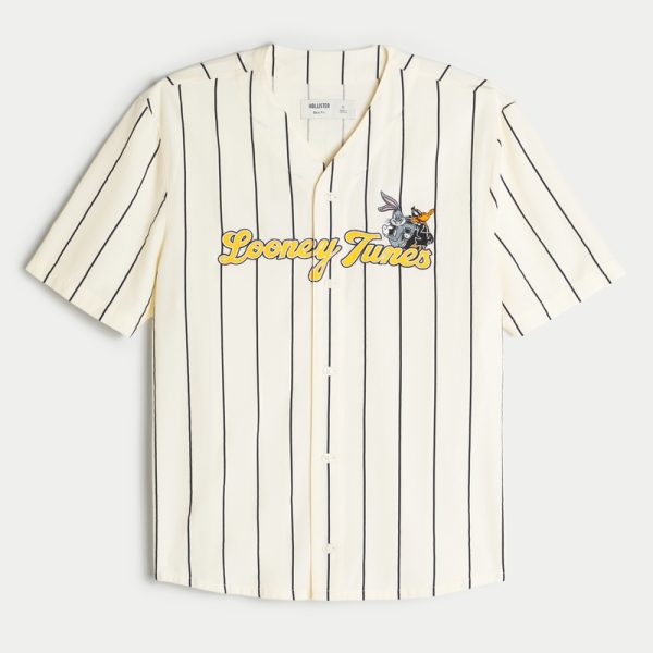 Boxy Looney Tunes Graphic Baseball Jersey - cream stripe