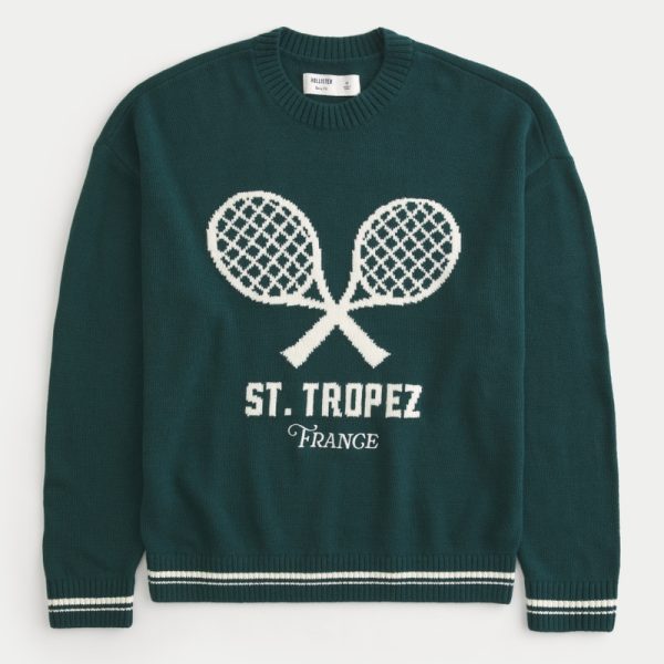 Boxy St. Tropez France Graphic Crew Sweater - pine green