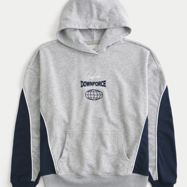 Boxy Terry Logo Graphic Hoodie - heather gray and navy