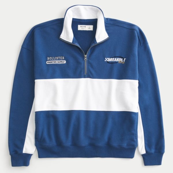 Boxy Terry Racing Graphic Half-Zip Sweatshirt - navy and white